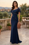 Long Asymmetrical Neckline Beaded Formal Evening Dress in Navy