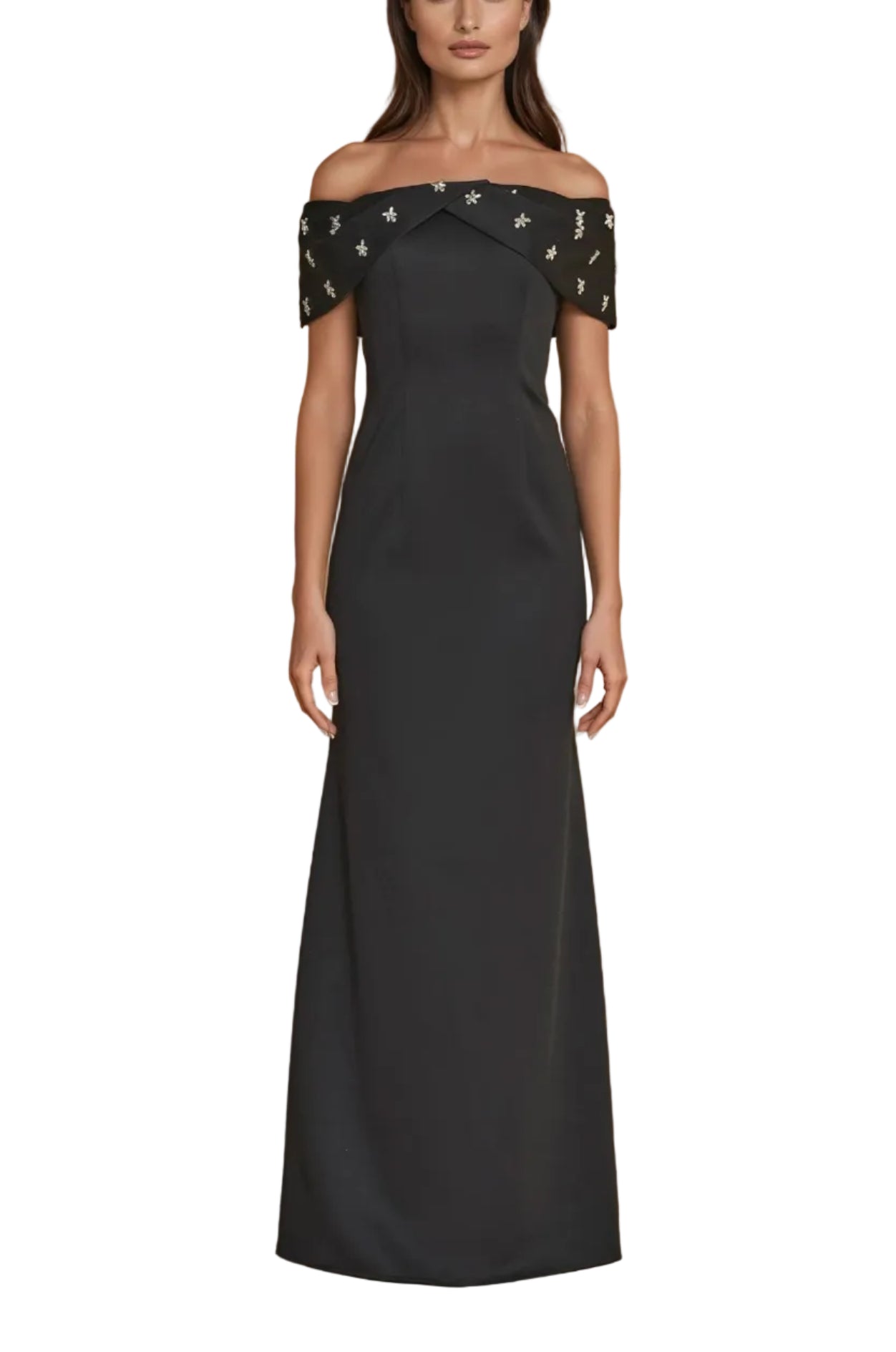 Formal Dresses  Long Crepe Off Shoulder Jewel Trim Formal Column Gown Black