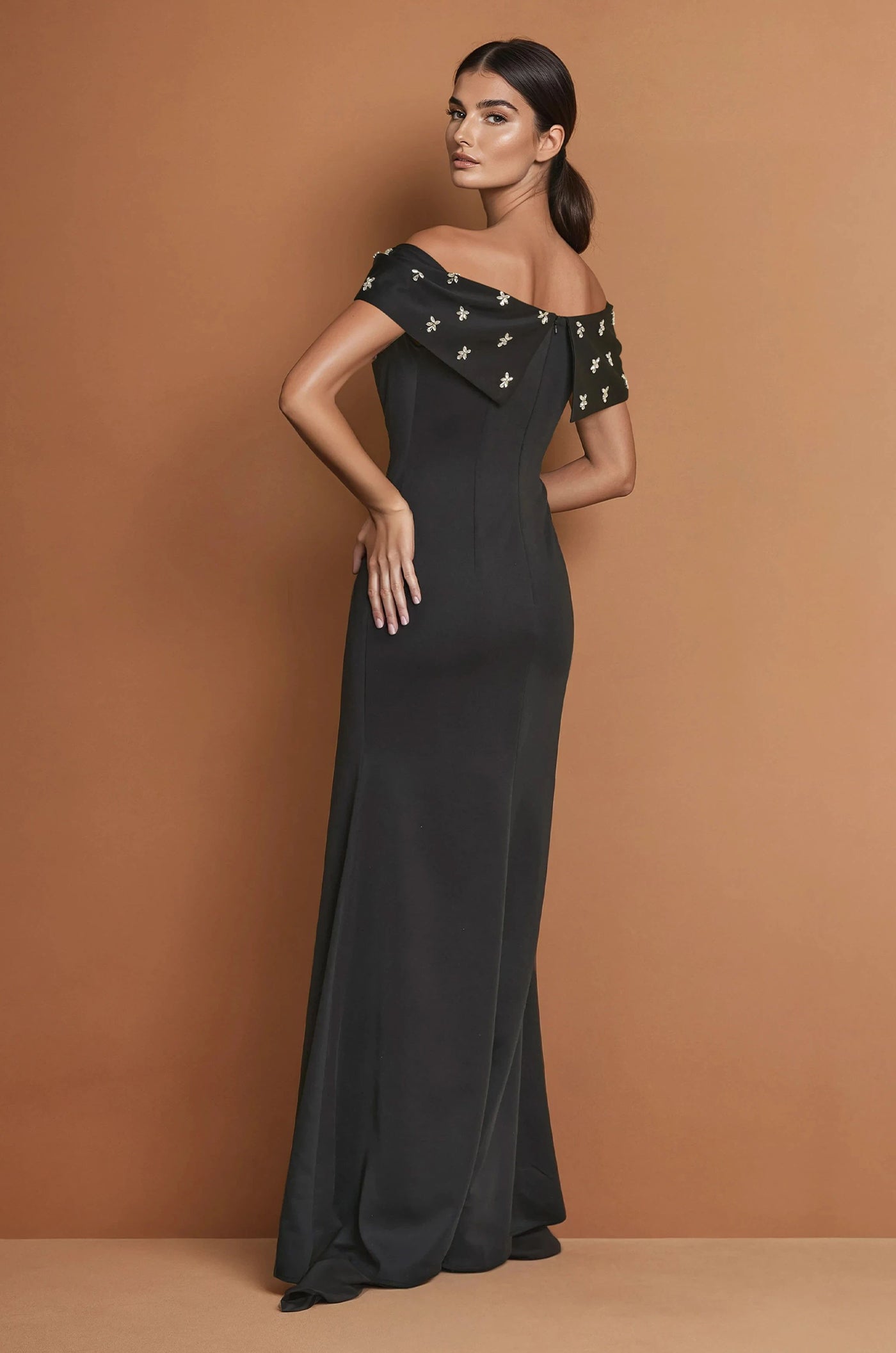 Formal Dresses  Long Crepe Off Shoulder Jewel Trim Formal Column Gown Black