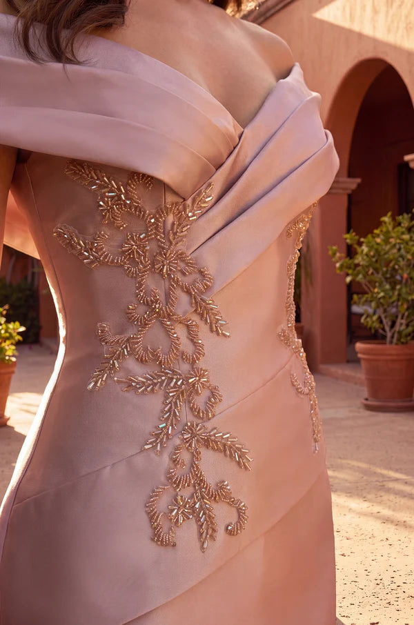 Satin Off-Shoulder Draped Long Formal Dress