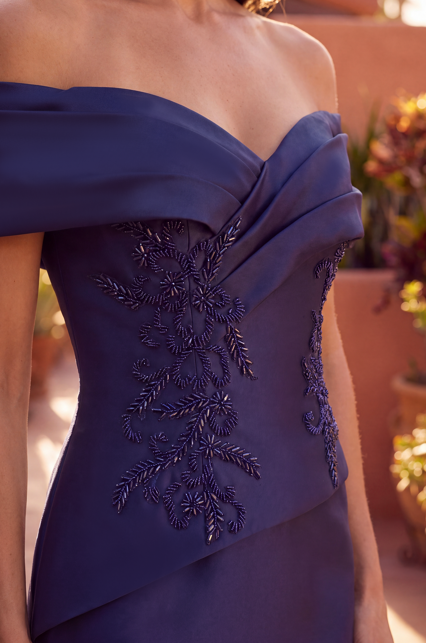 Satin Off-Shoulder Draped Long Formal Dress