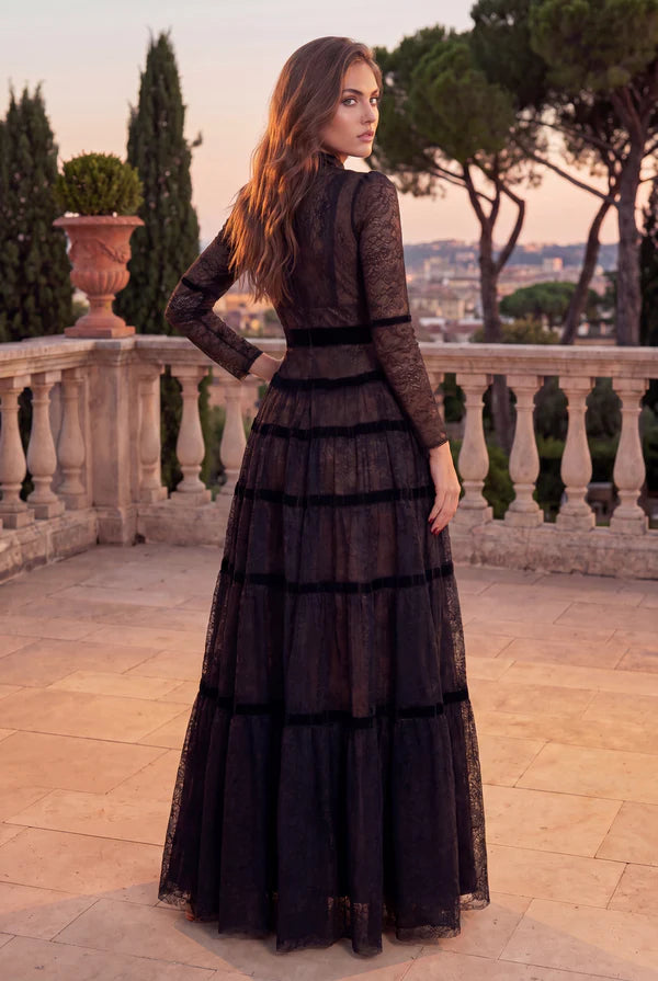 Long Sleeve Formal Tiered A Line Lace Evening Dress