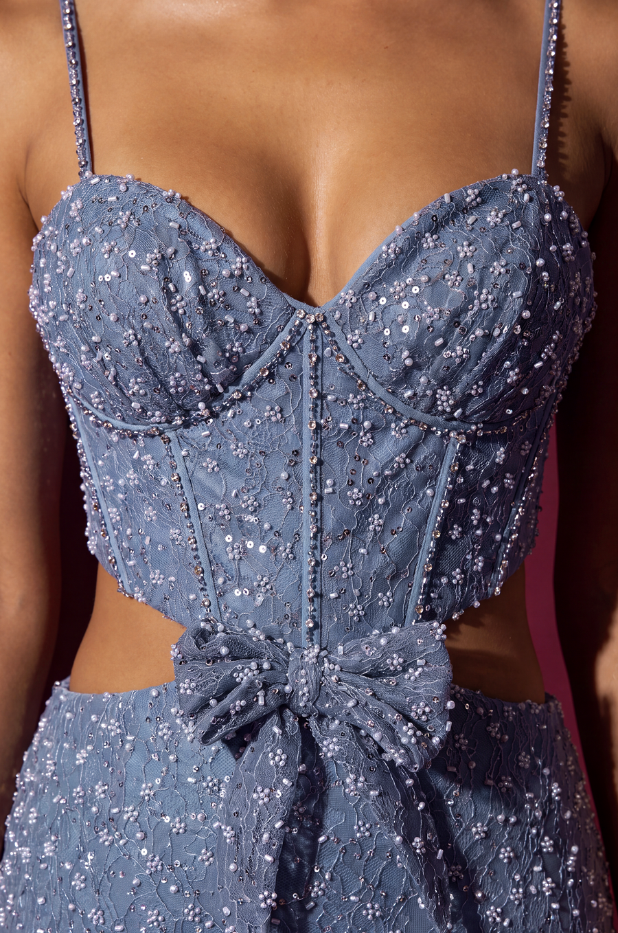 Pageant Long Beaded Side Cut Out with Bow Dress
