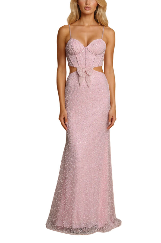 Prom Dresses Long Beaded Side Cut Out with Bow Prom Dress Pink