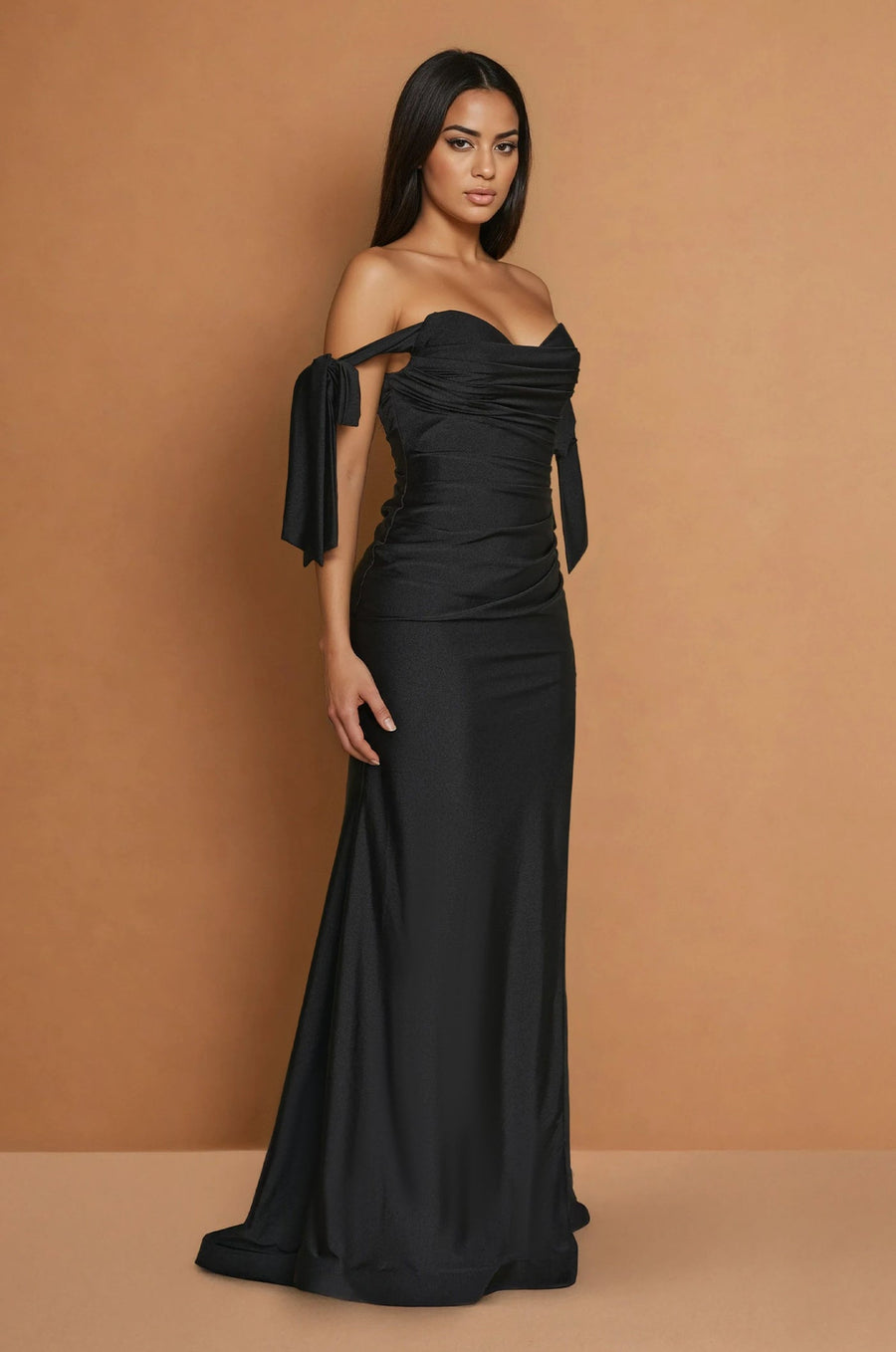 Formal Dresses Long Formal Bow Sleeve Stretch Jersey Dress Black