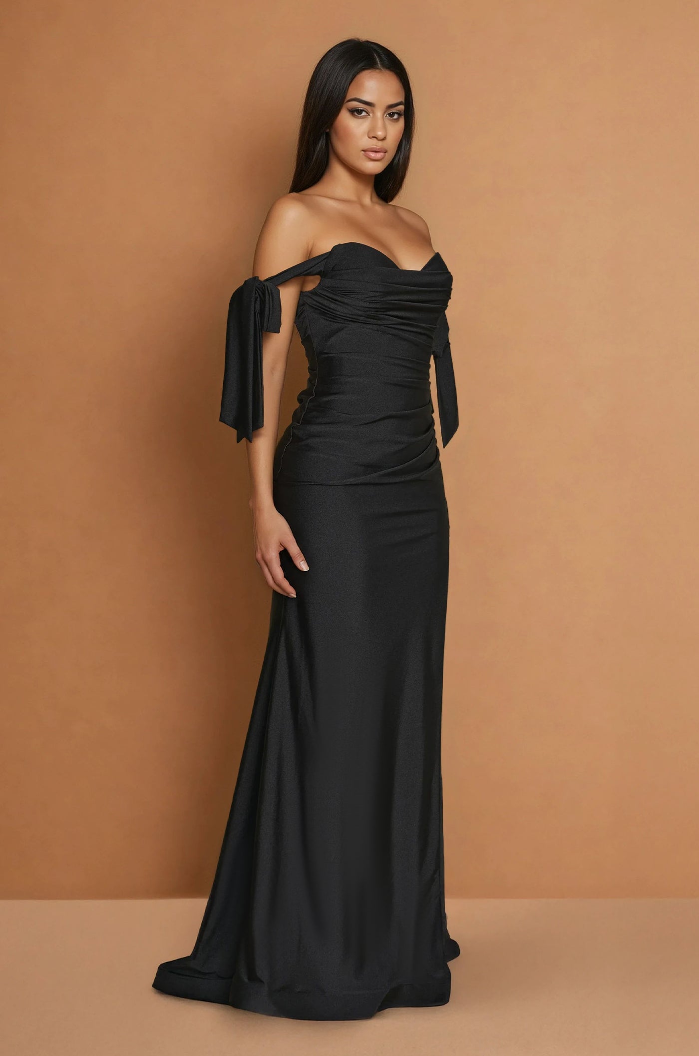 Formal Dresses Long Formal Bow Sleeve Stretch Jersey Dress Black