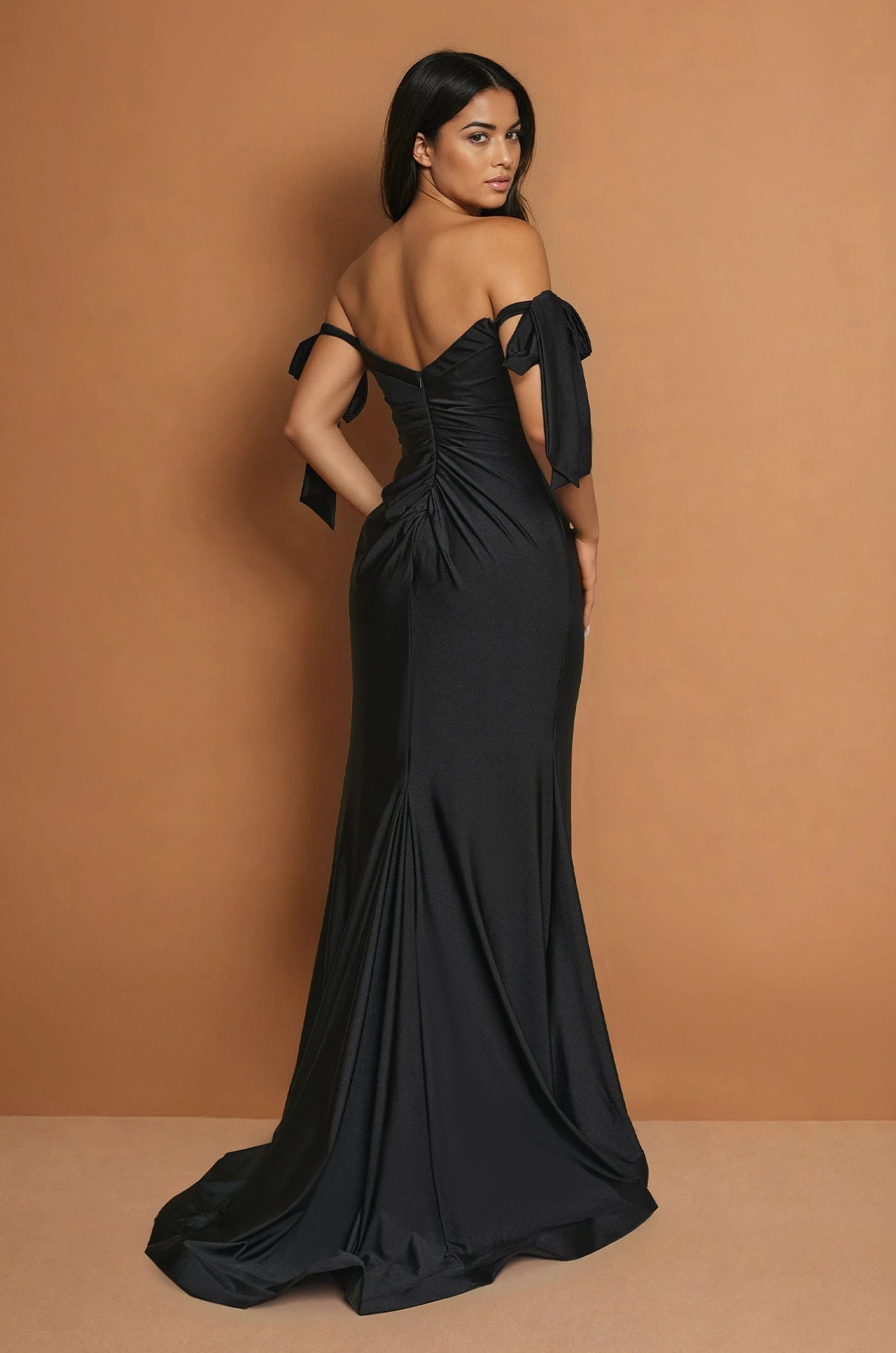 Formal Dresses Long Formal Bow Sleeve Stretch Jersey Dress Black
