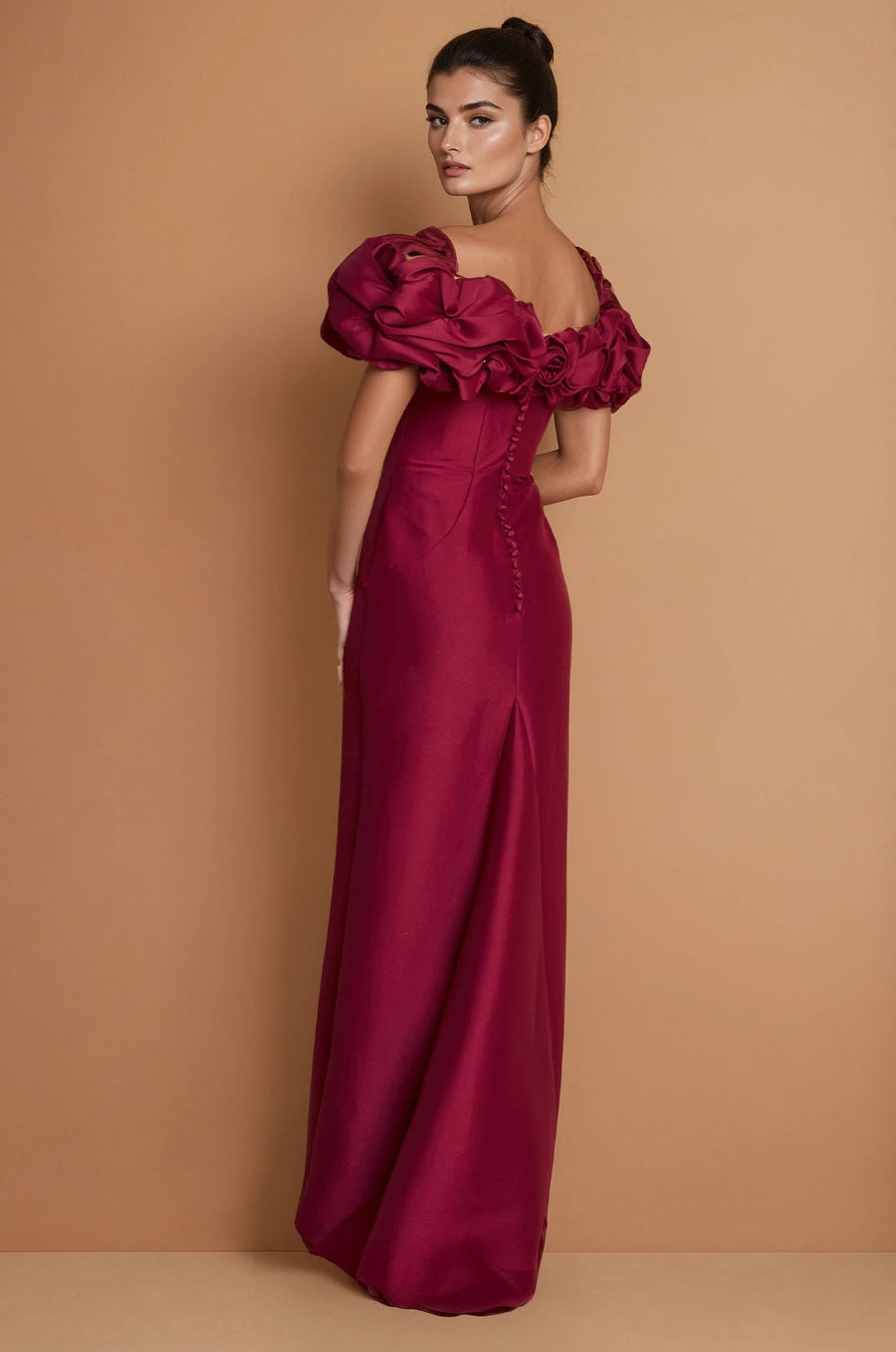 Formal Dresses  Ruffled Sleeve Long Formal Evening Dress Burgundy