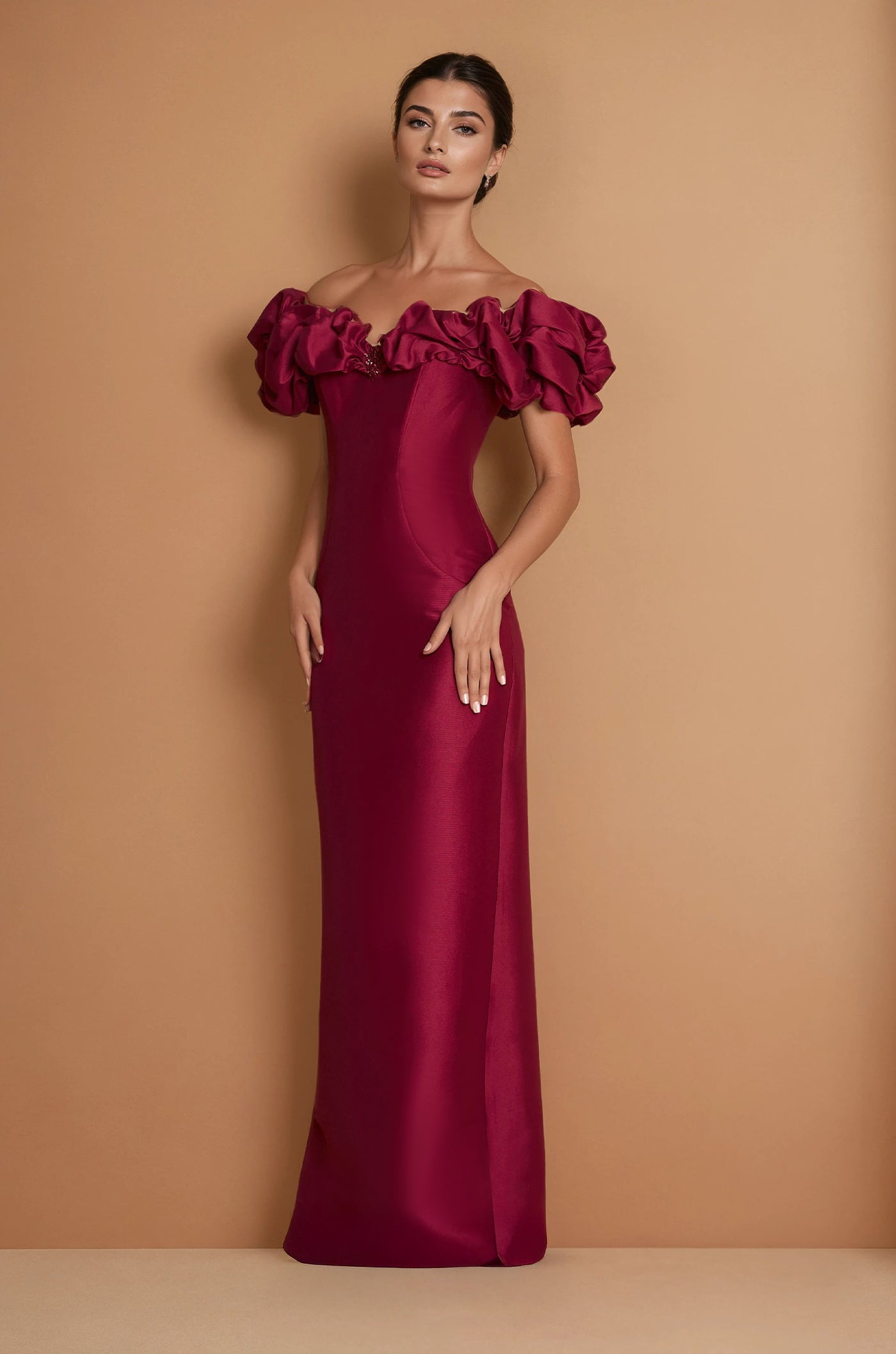 Formal Dresses  Ruffled Sleeve Long Formal Evening Dress Burgundy