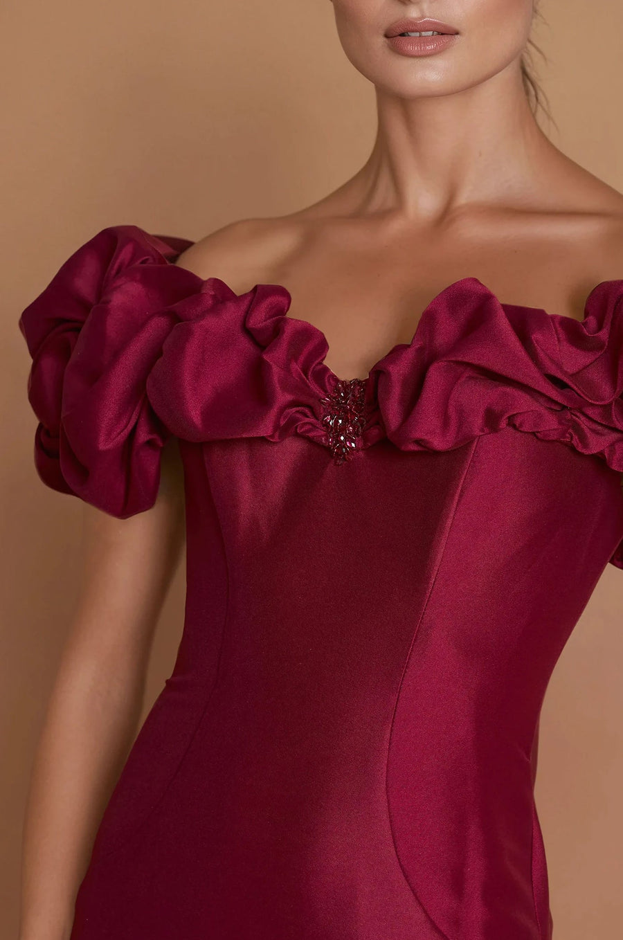 Formal Dresses  Ruffled Sleeve Long Formal Evening Dress Burgundy