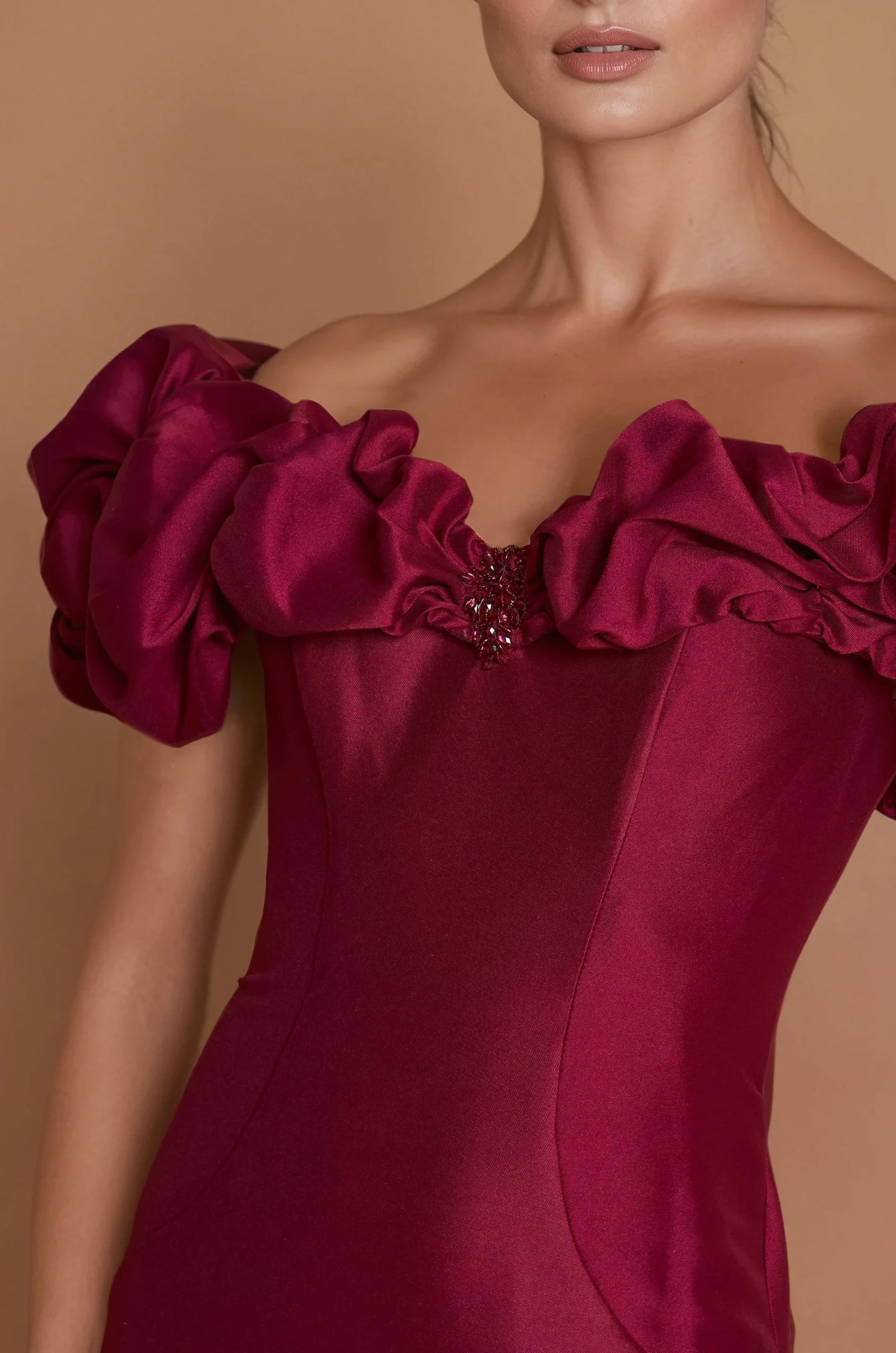 Formal Dresses  Ruffled Sleeve Long Formal Evening Dress Burgundy