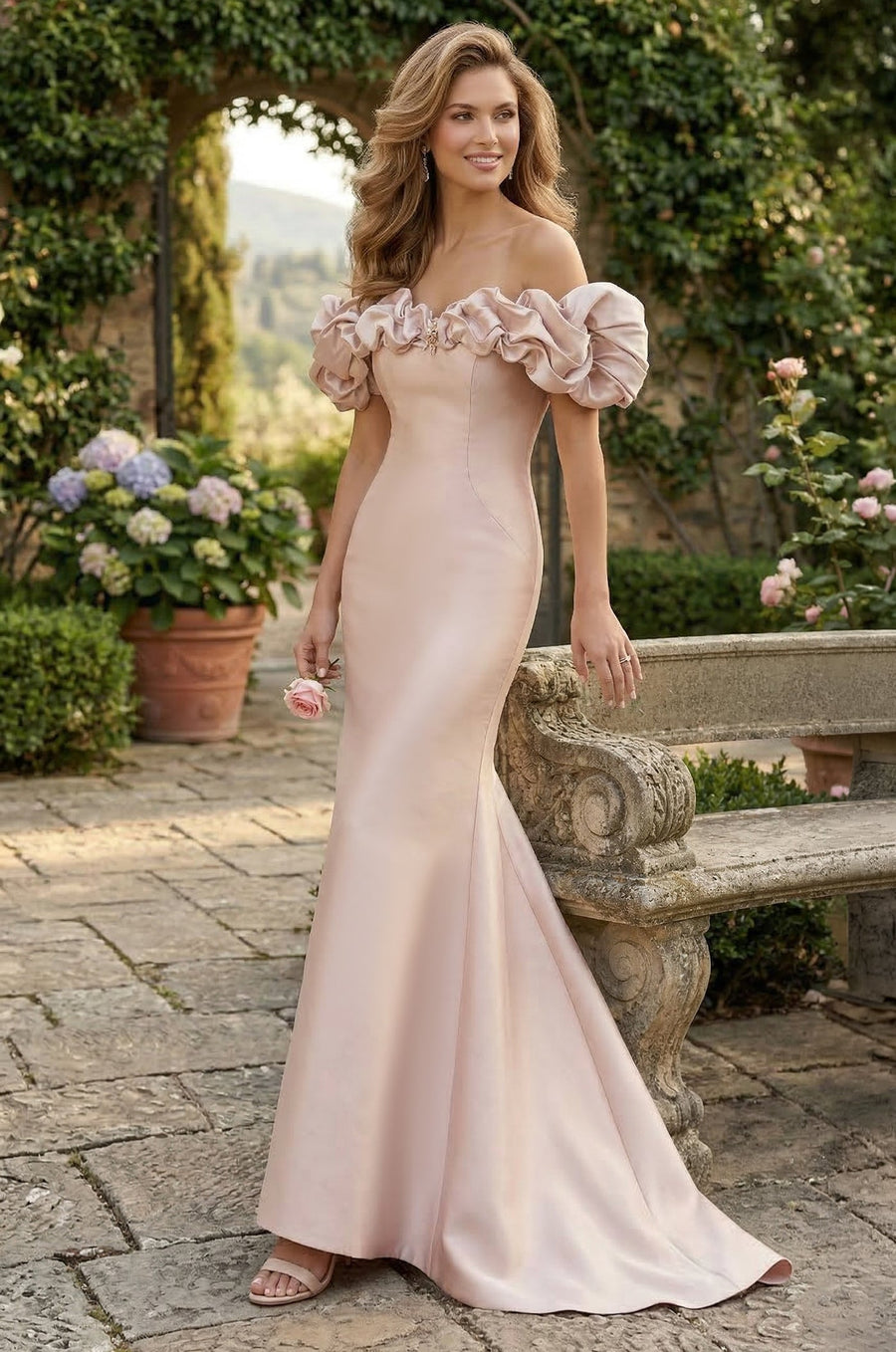 Tiered Sleeve Long Formal Evening Dress