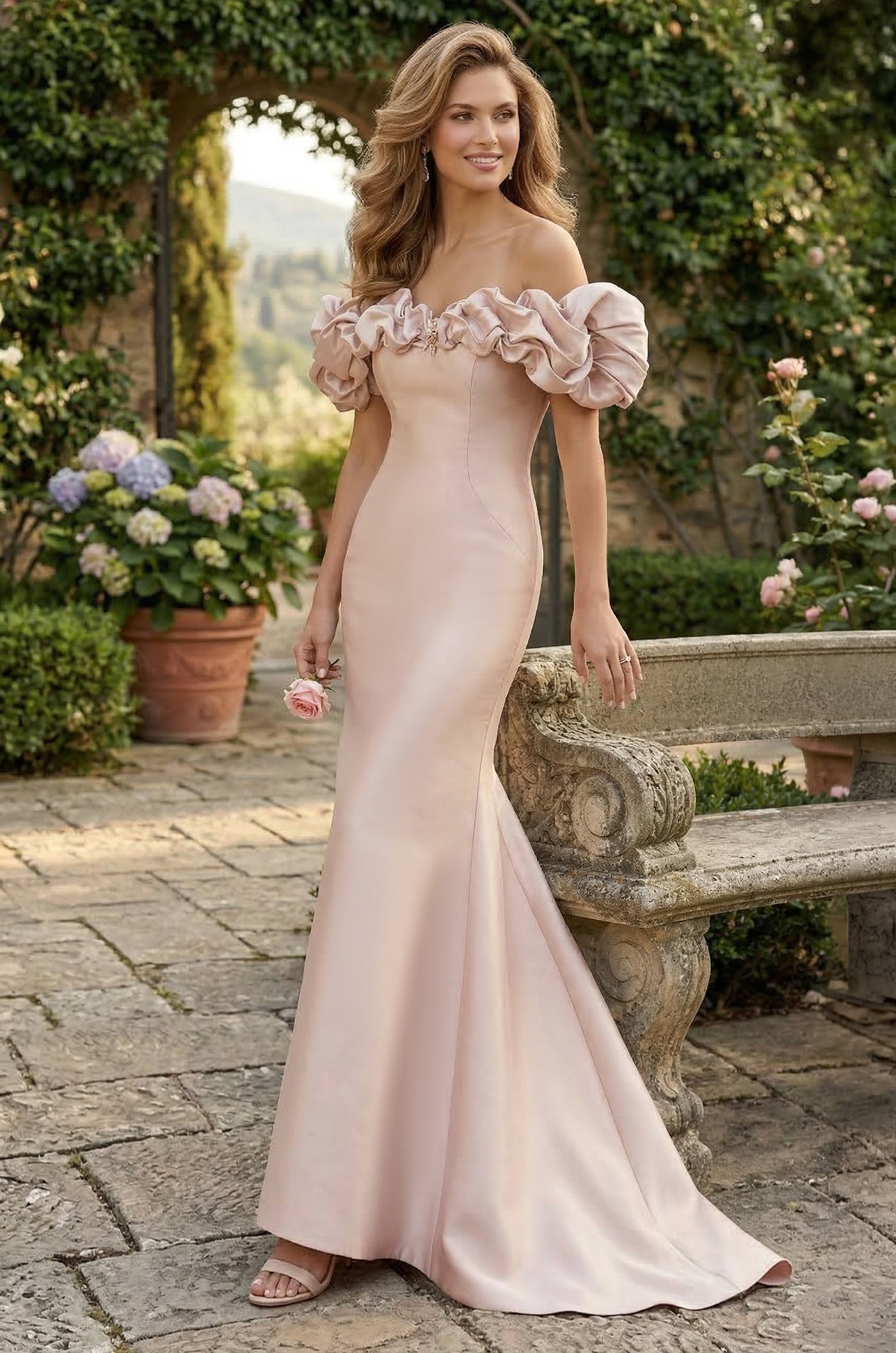 Tiered Sleeve Long Formal Evening Dress