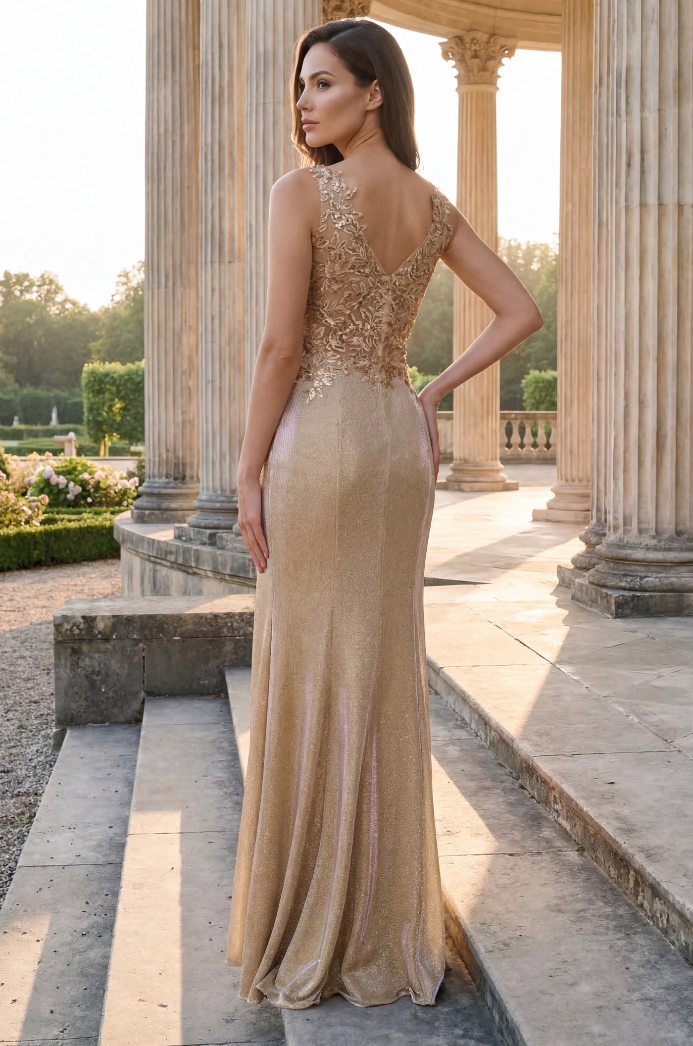 Floor Length V Neck Metalic Formal Dress