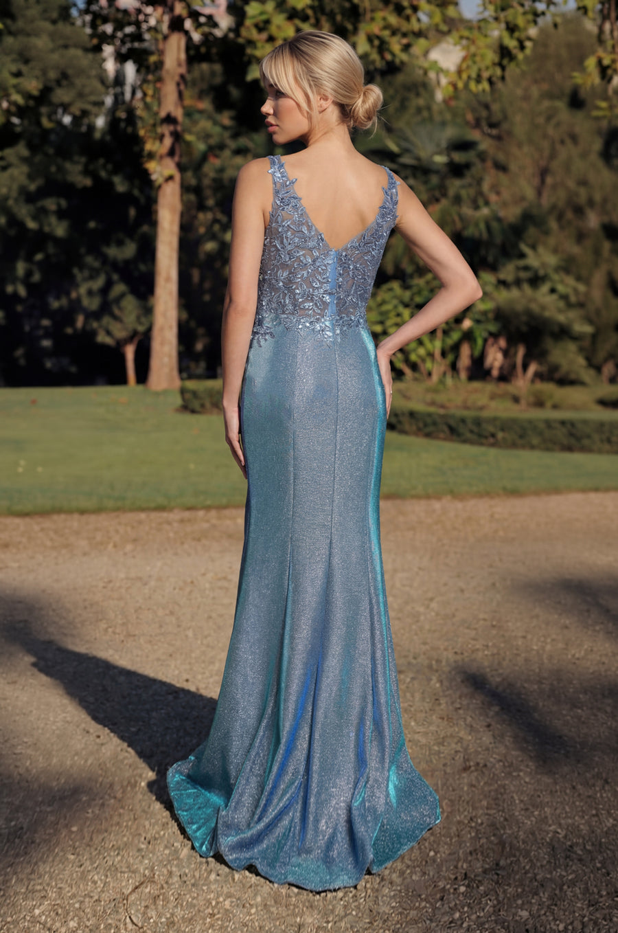 Floor Length V Neck Metalic Formal Dress