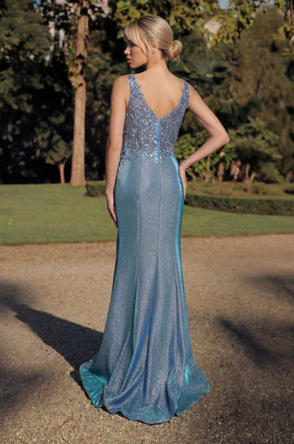Floor Length V Neck Metalic Formal Dress