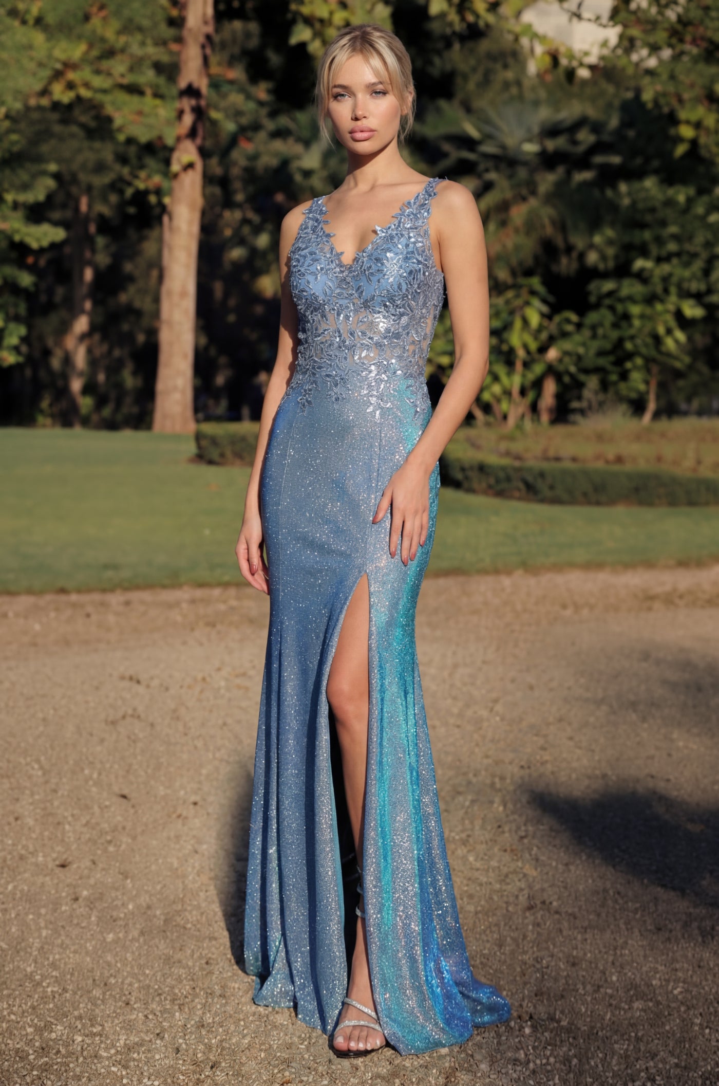 Floor Length V Neck Metalic Formal Dress