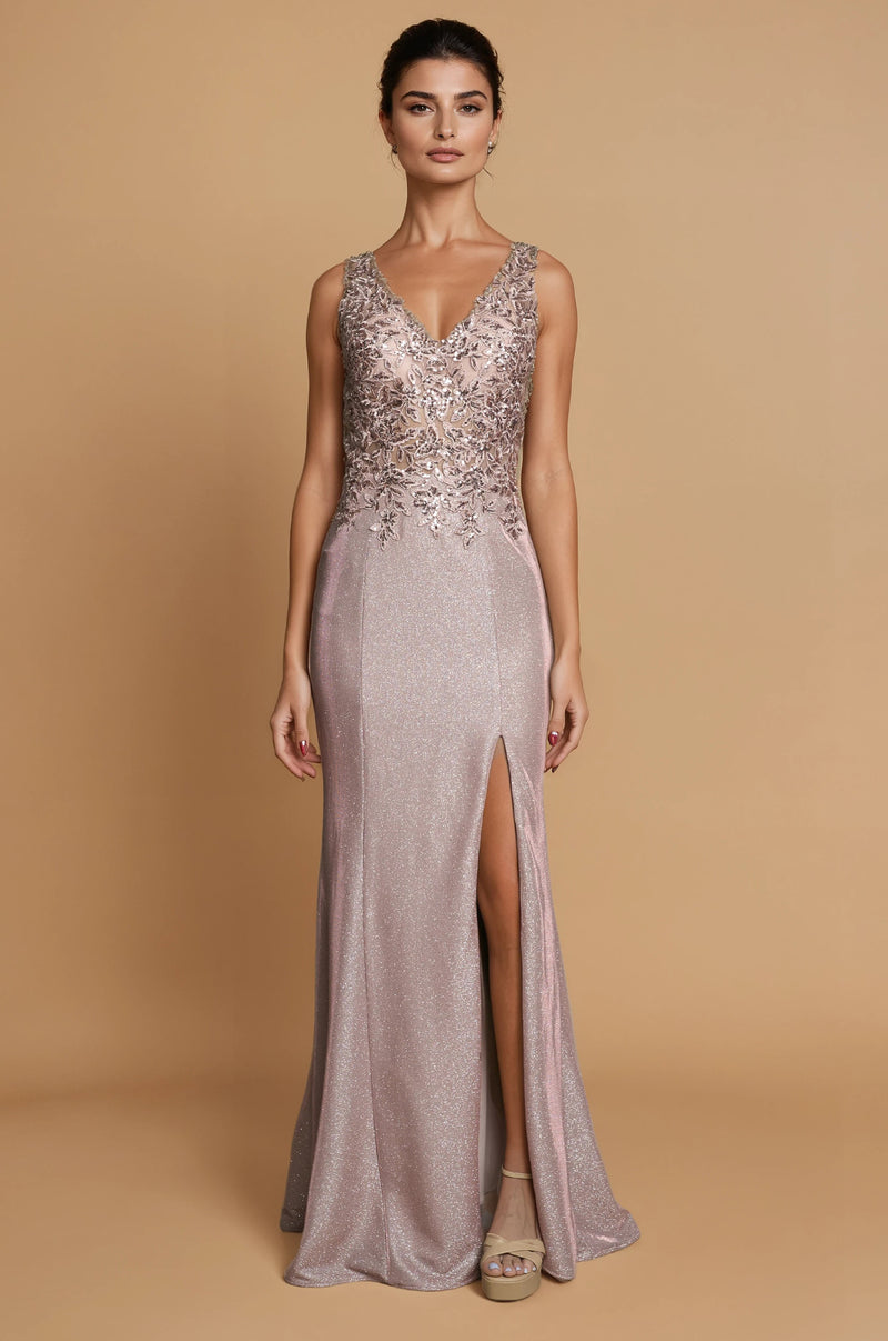 Floor Length V Neck Metalic Formal Dress
