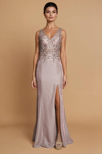 Floor Length V Neck Metalic Formal Dress