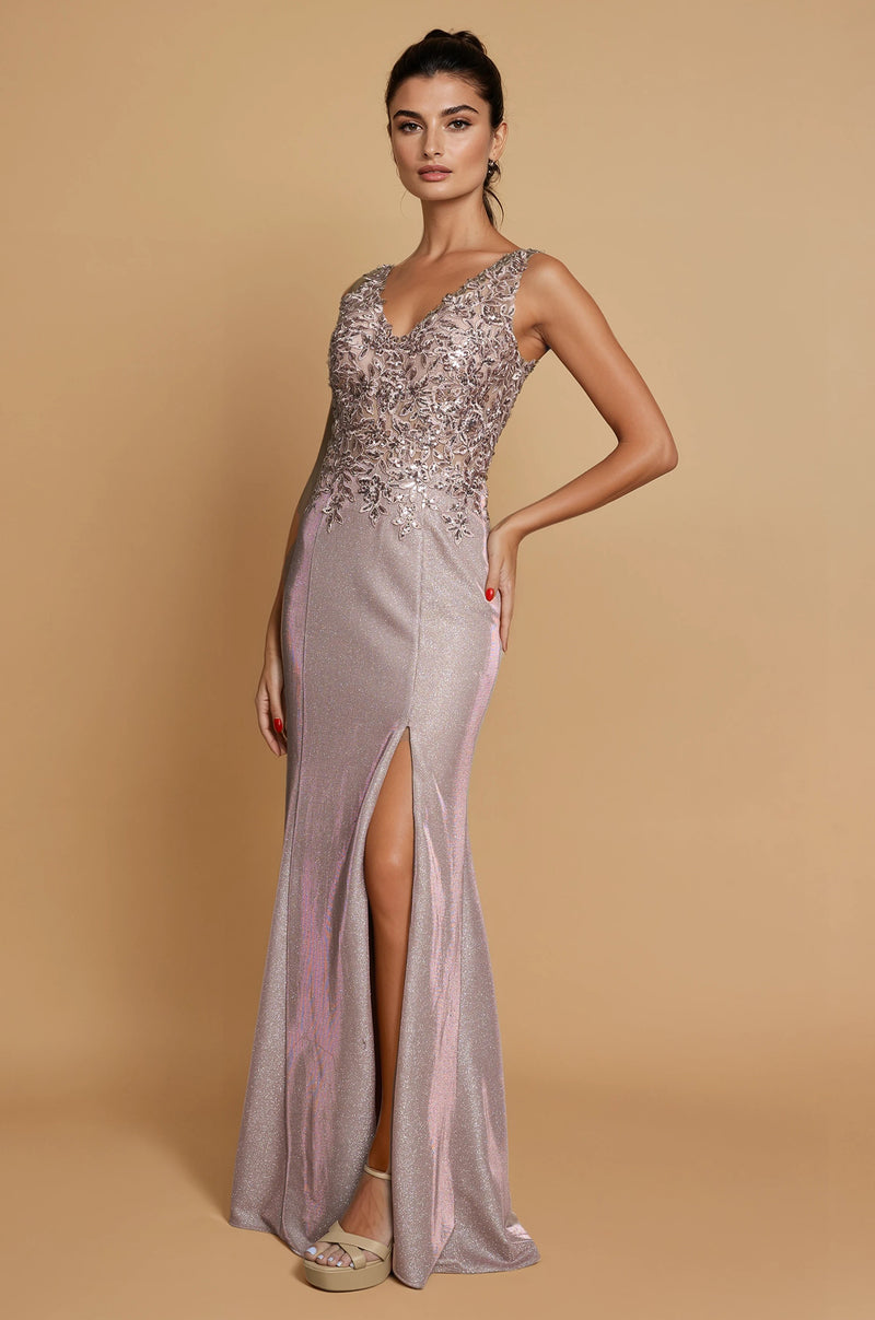Floor Length V Neck Metalic Formal Dress