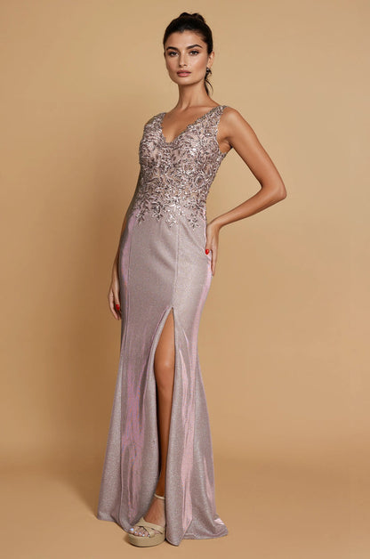 Floor Length V Neck Metalic Formal Dress