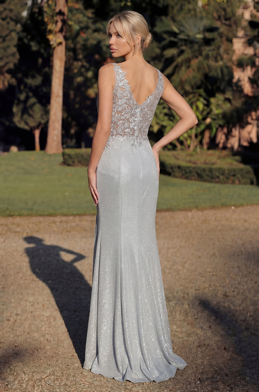 Floor Length V Neck Metalic Formal Dress