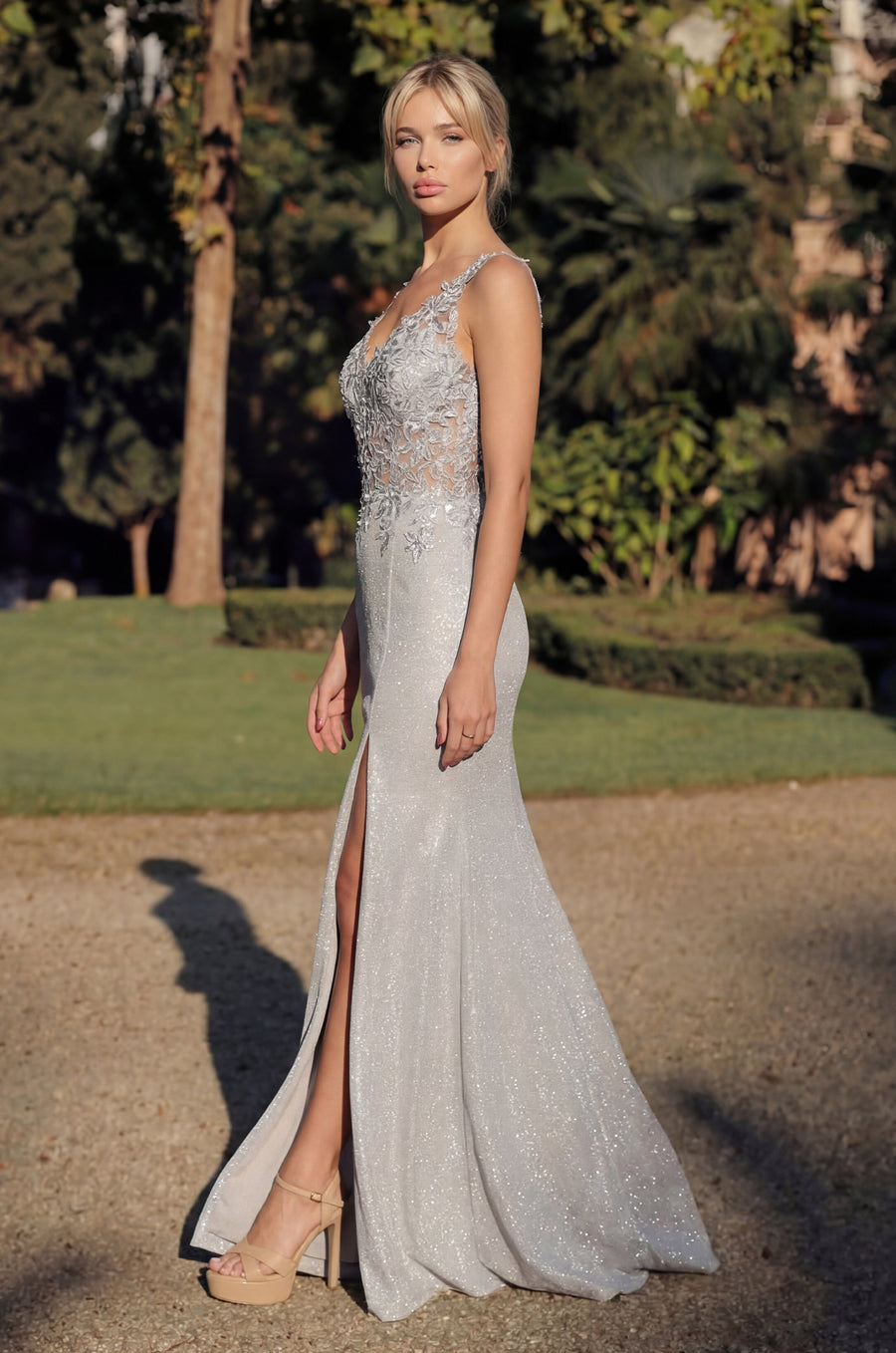 Floor Length V Neck Metalic Formal Dress
