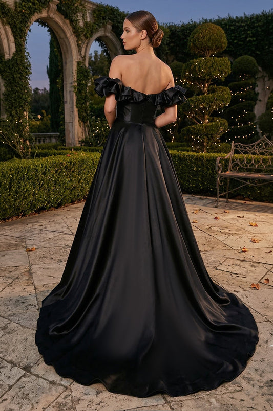 Prom Dresses Long Ball Gown Satin Ruffle Off Shoulder Prom Dress Black