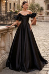 Prom Dresses Long Ball Gown Satin Ruffle Off Shoulder Prom Dress Black
