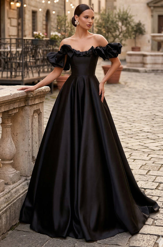 Prom Dresses Long Ball Gown Satin Ruffle Off Shoulder Prom Dress Black