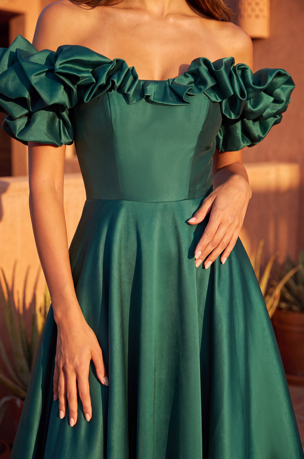 Floor Length Ball Gown Satin Ruffle Off Shoulder Prom Dress