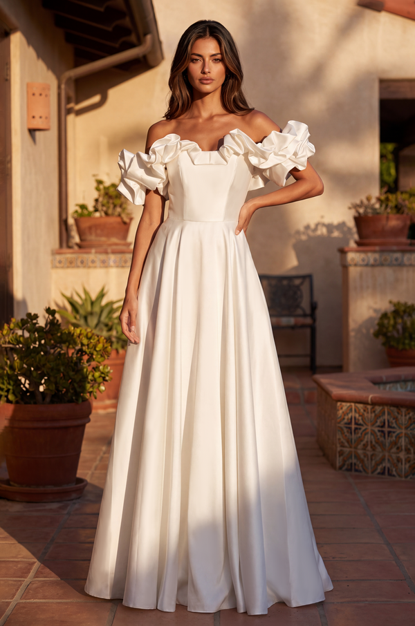 Floor Length Ball Gown Satin Ruffle Off Shoulder Prom Dress