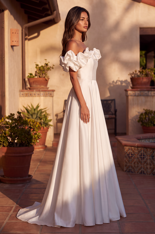 Floor Length Ball Gown Satin Ruffle Off Shoulder Prom Dress