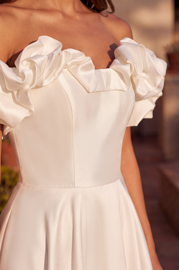 Floor Length Ball Gown Satin Ruffle Off Shoulder Prom Dress