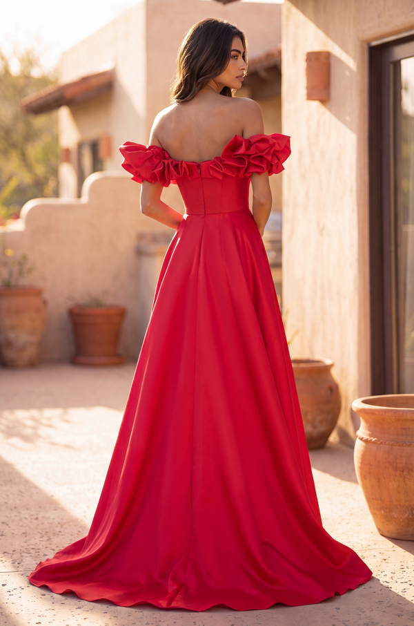 Floor Length Ball Gown Satin Ruffle Off Shoulder Prom Dress