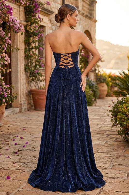 Prom Dresses Metallic Long Formal A Line Corset Prom Dress Navy