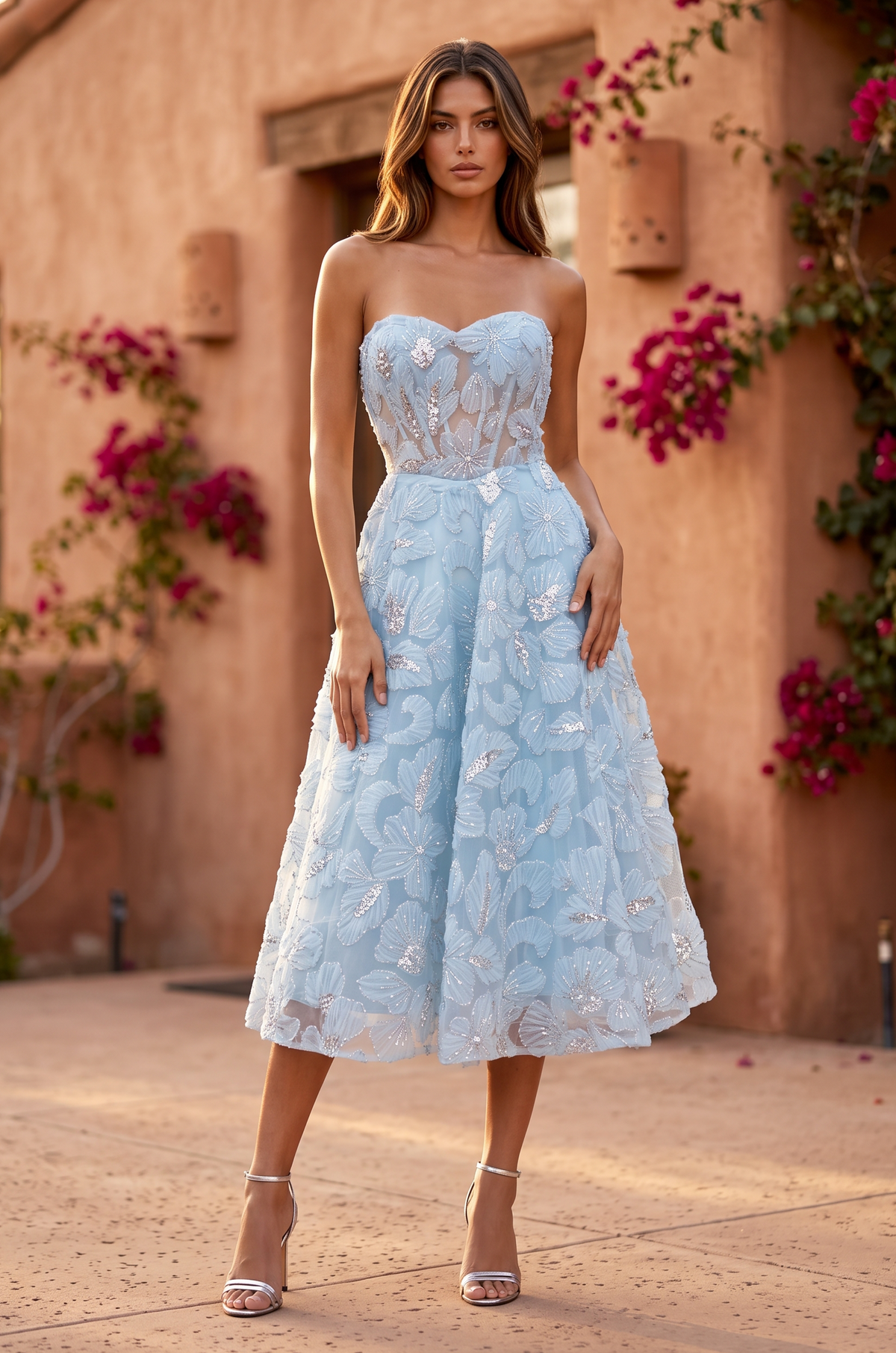 Bandeau Formal A Line Floral Lace Midi Cocktail Dress