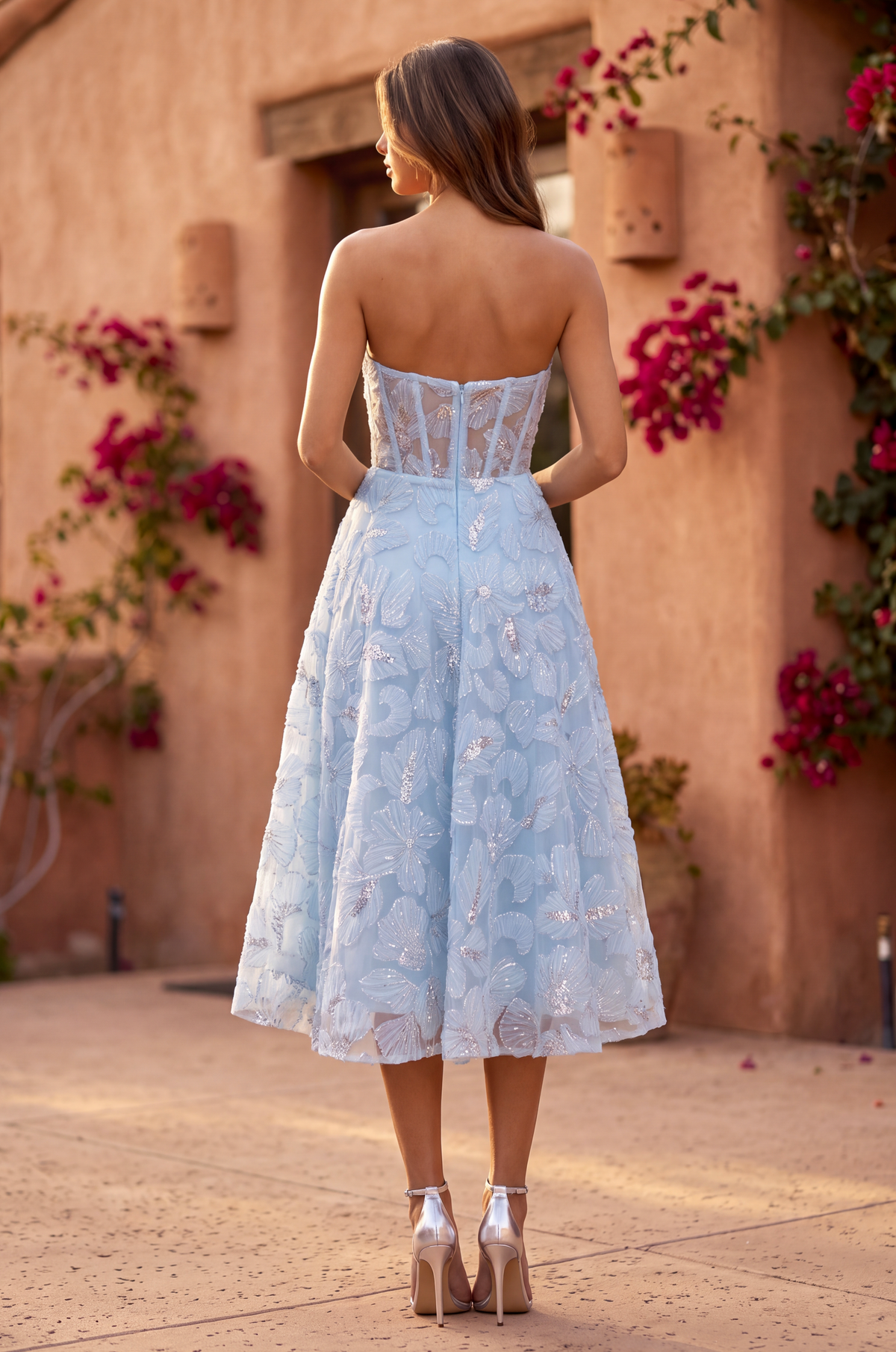 Bandeau Formal A Line Floral Lace Midi Cocktail Dress