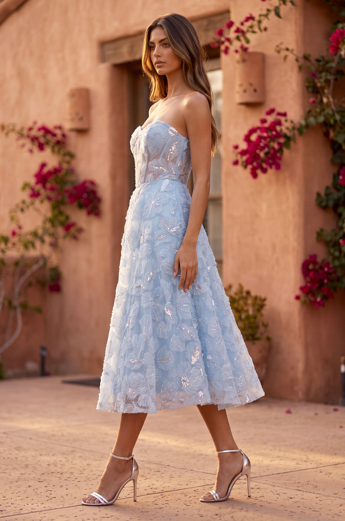 Bandeau Formal A Line Floral Lace Midi Cocktail Dress