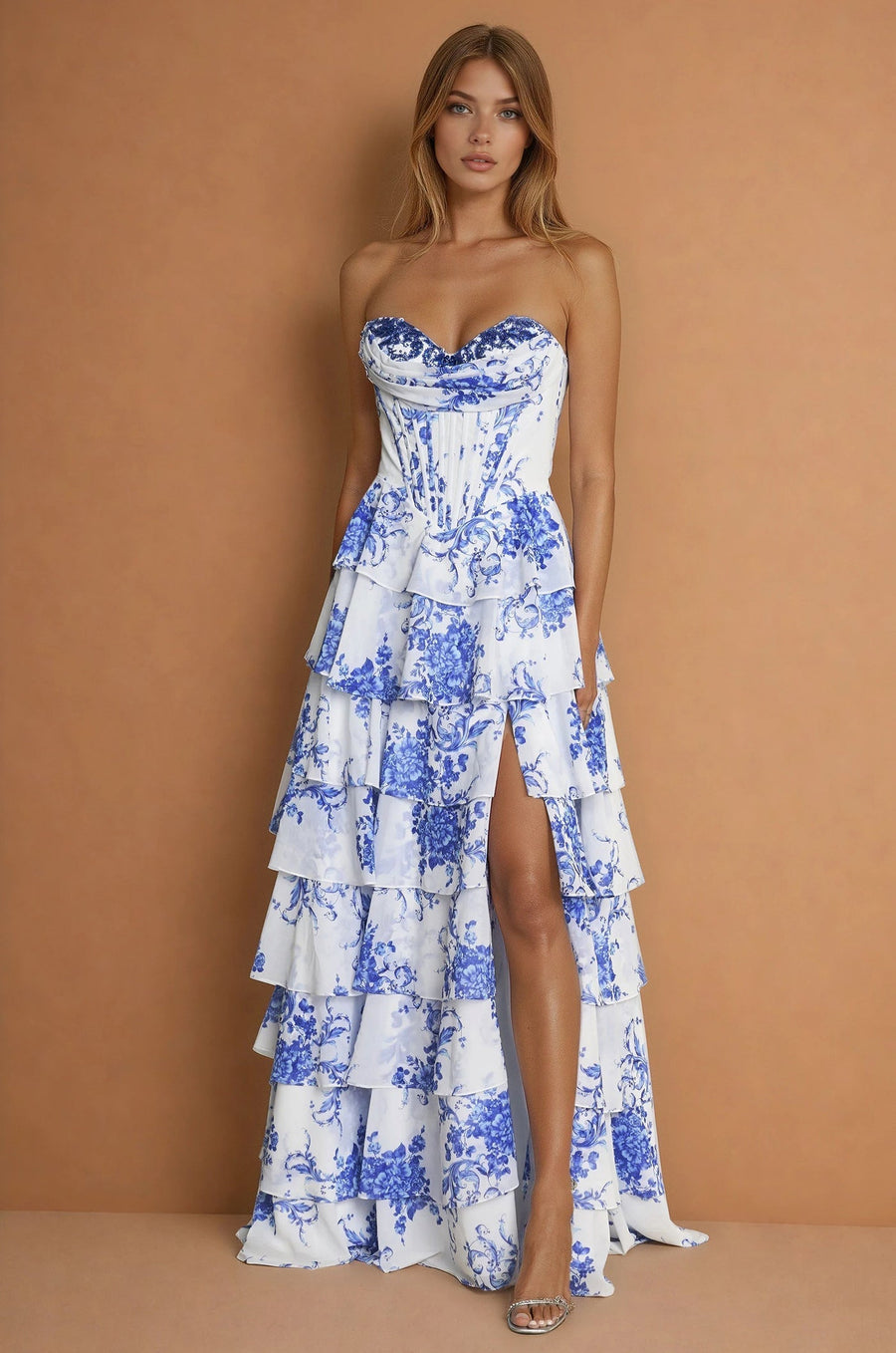 Prom Dresses Long Corset Print Prom Gown  Blue
