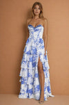 Prom Dresses Long Corset Print Prom Gown  Blue