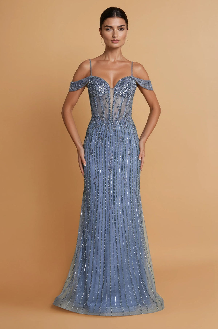 Off Shoulder Floor Length Evening Beaded Formal Dress