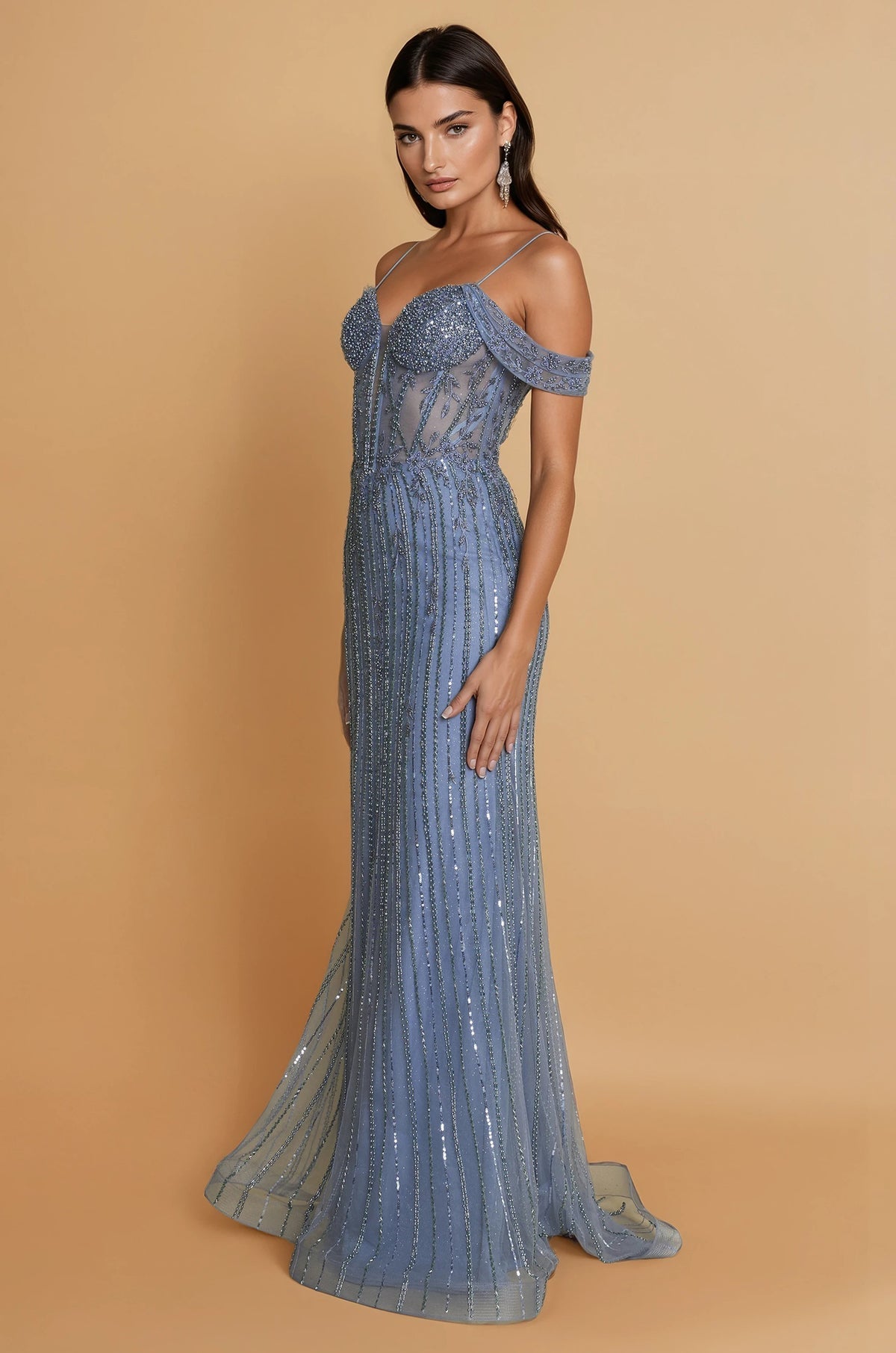 Off Shoulder Floor Length Evening Beaded Formal Dress