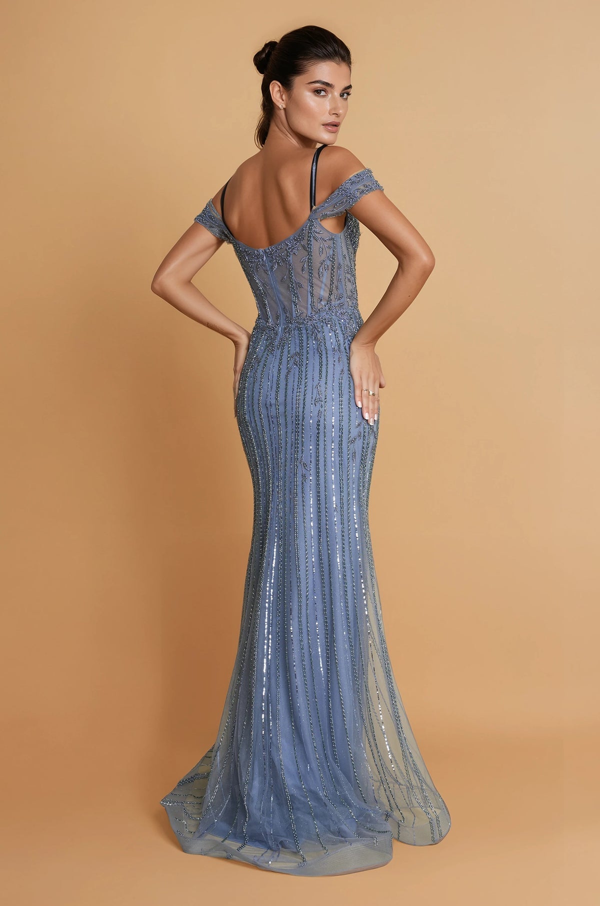 Off Shoulder Floor Length Evening Beaded Formal Dress