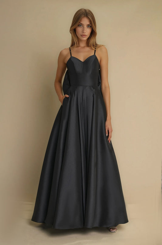 Prom Dresses Long Black Prom Ball Gown Bow Tie Back  Black