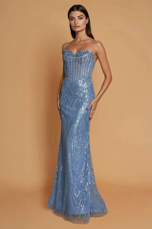 Prom Dresses Beaded Long Formal Mermaid Corset Bodice Evening Dress Periwinkle