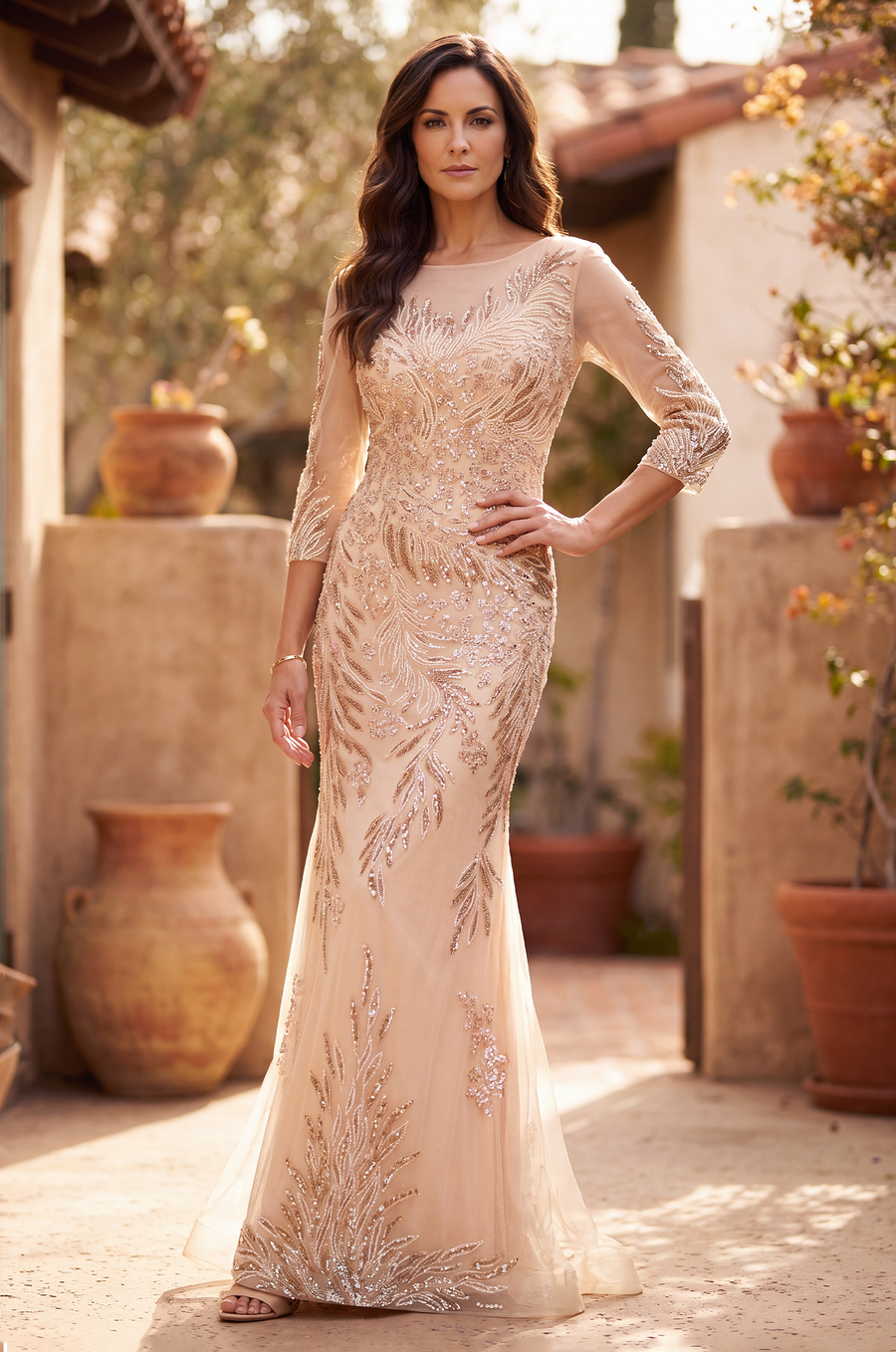 Floor Length Sleeve Formal Feather Sequins Evening Dress