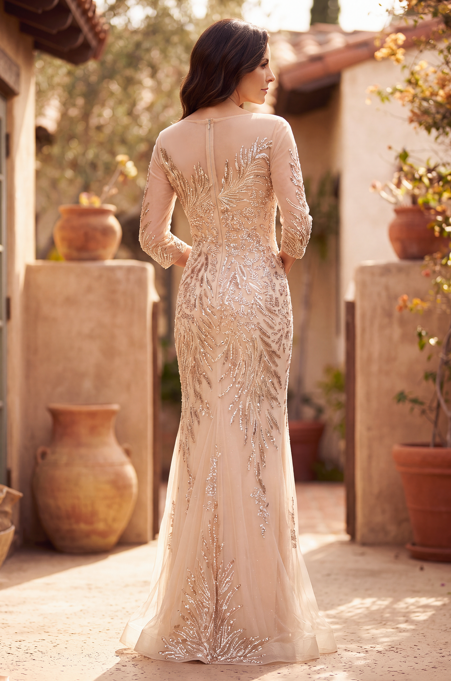 Floor Length Sleeve Formal Feather Sequins Evening Dress