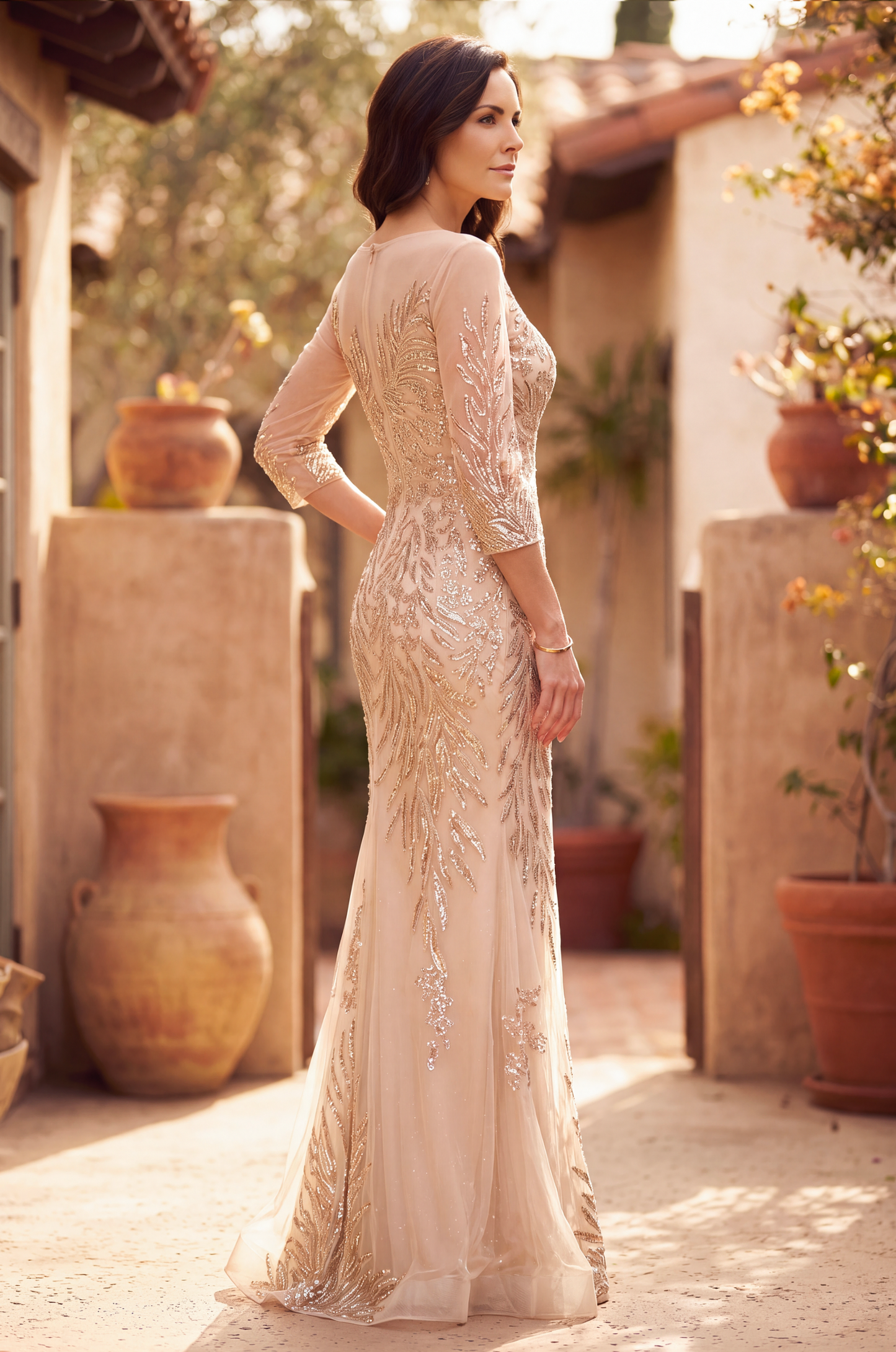 Floor Length Sleeve Formal Feather Sequins Evening Dress
