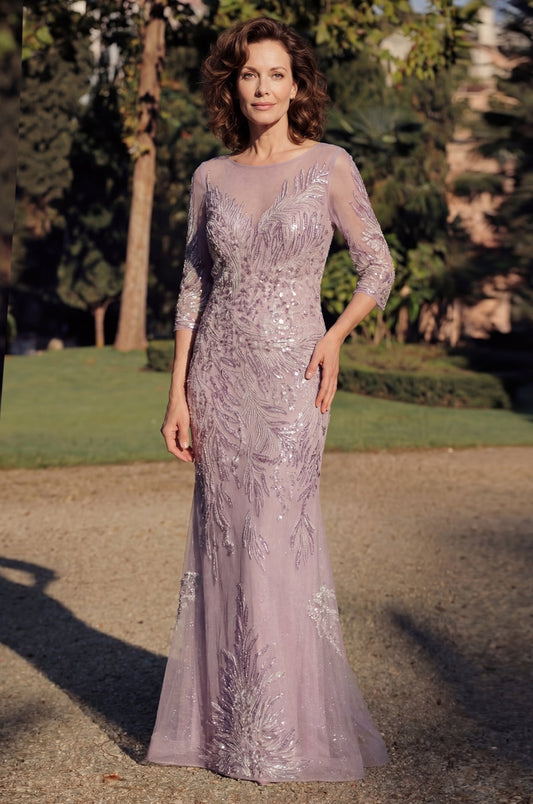 Formal Dresses Long Sleeve Formal Feather Sequins Evening Dress Mauve